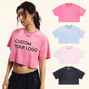 Custom LOGO 230gsm Vintage Women's Crop Top Best Sale Summer Acid Wash Oversized T Shirt High Quality Crop Tops Tee