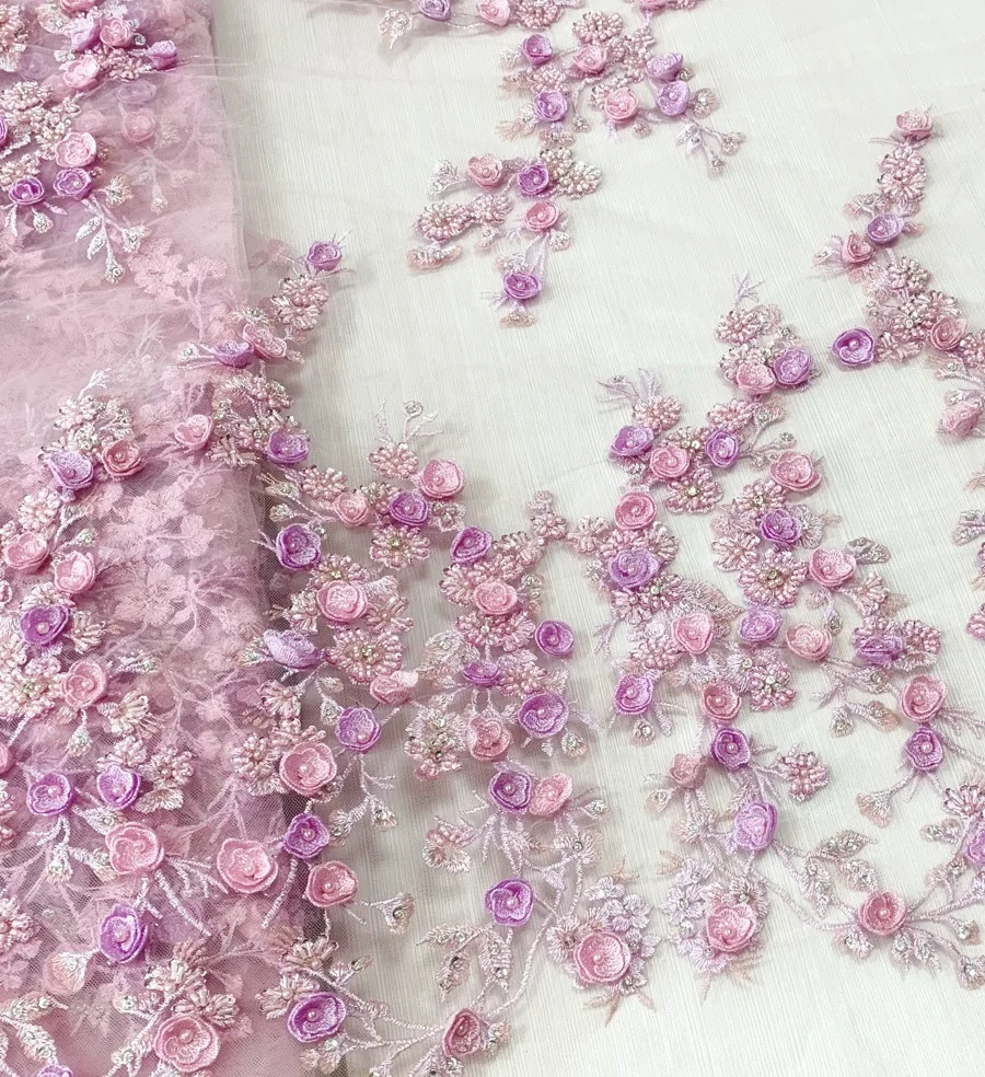 1Yard Pink Blue Flower Embroidered Lace Edge Fabric DIY Sewing Supplies...