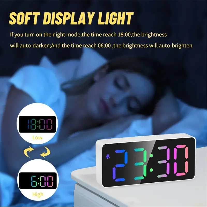 3 Adjustable Brightness Temperature Date Snooze Colorful Screen Display Digital Alarm Clock