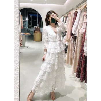 2022 Spring New Style Fashion Women white Lace long Dress sexy V neck flare Sleeve Tiered Ruffled Sexy Party Casual dress