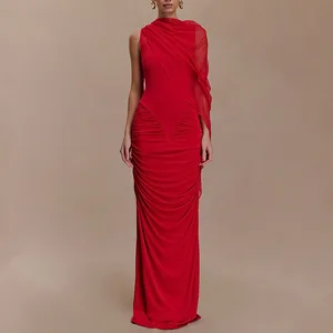 2025 New Fashion Pleated Mesh Shawl Long Dress European and American Sexy Bodycon Round Neck Slim Dress