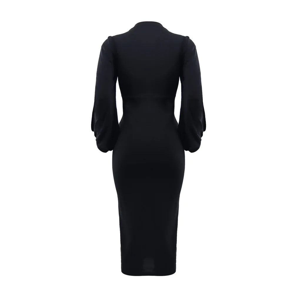 New Fashion Casual Style Long Puff Sleeve Elegant Office Dresses Solid