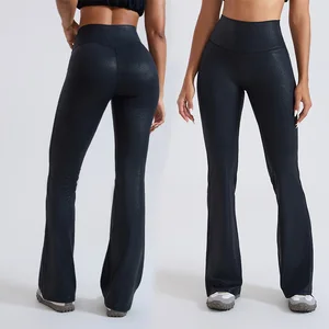 Roregal High Waisted Faux Leather Sports Length Pants Women'S Running Fitness Yoga Flared Pants