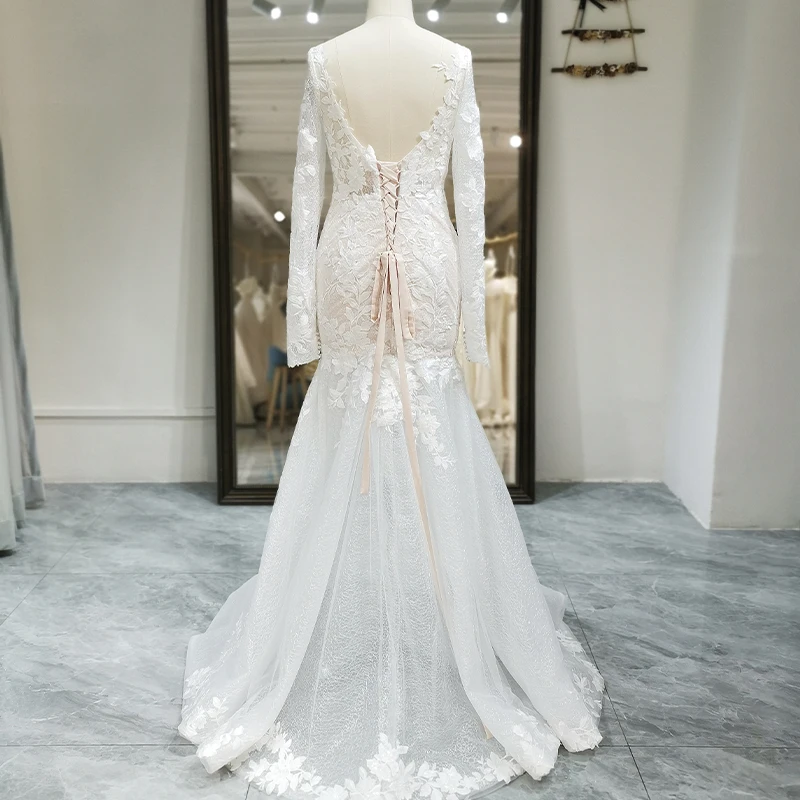 long lace illusion dress Exquisite Lace Illusion Long Sleeve A-Line Wedding Dress Light Champagne