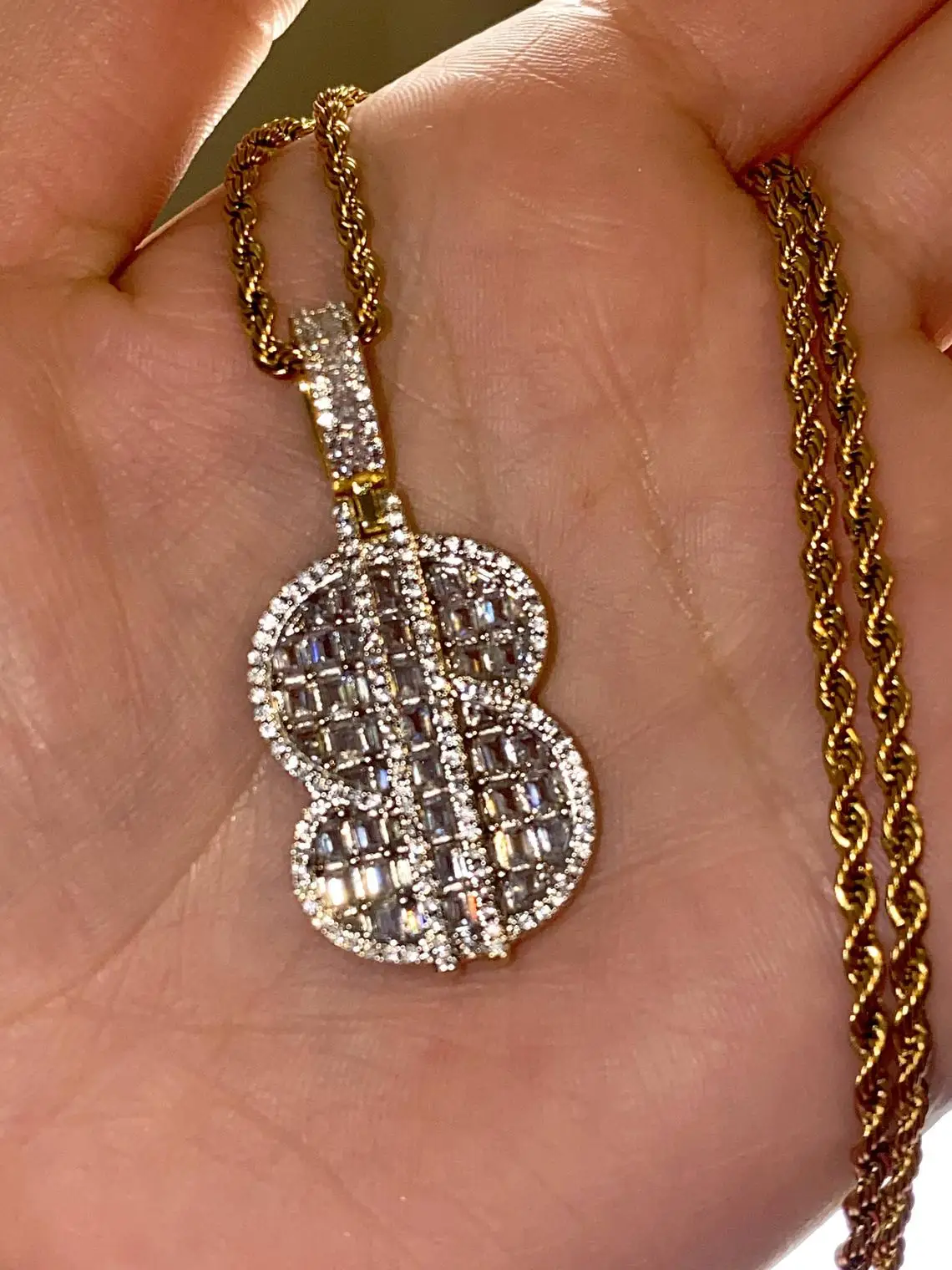Mens Iced Out Jewelry Gold Plated Baguette Cz Diamond Letter Initial Pendant hip hop dollar sign necklace