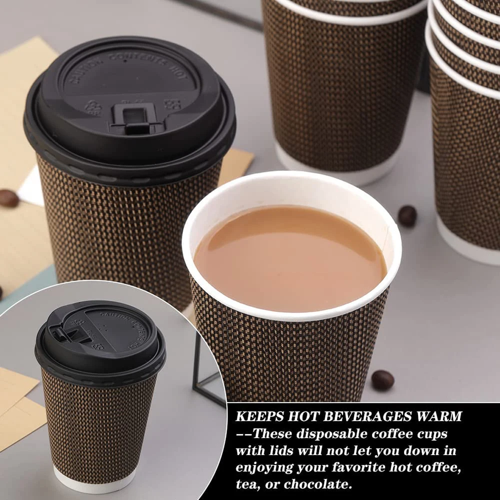 Take Out Hot Coffee Drinks Kraft Double Wall Ripple Paper Cups with Lid ...