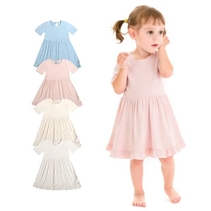 Soft & Stretchy 93% Bamboo 7% Spandex Toddler Girls Short-Sleeve Ruffle Hem Swing Dress for Daily & Party