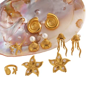 Adjustable Ring Stud Earrings Set Waterproof 18K Gold Plated Stainless Steel Pearl Starfish Conch Engagement Wedding Party Gift