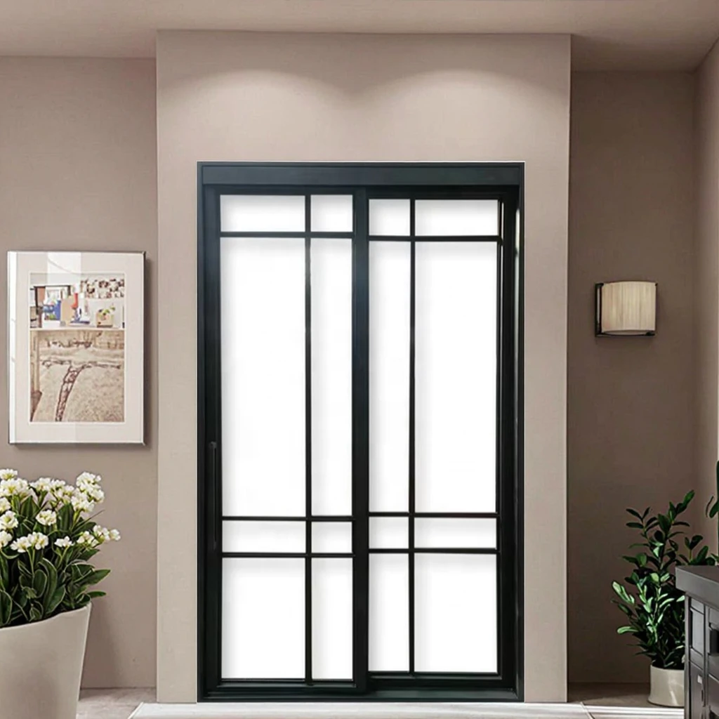 French Wrought Iron Glass Sliding Door with Double Glazing Tempered Glass Windproof Interior Use factory