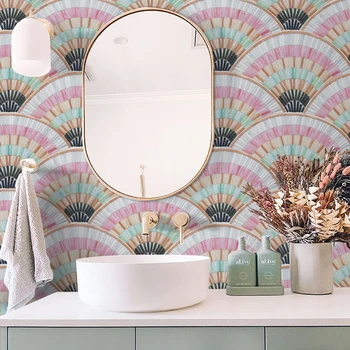 Backsplash Colorful Fan Fish Scale Art Pink Green Wall Floor Mural Bathroom Glass Mosaic Tile