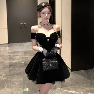 Mini Gold Velvet Evening Dress for Women: Sleeveless Strapless Design, Elegant Short Gown for Dinner/Reception