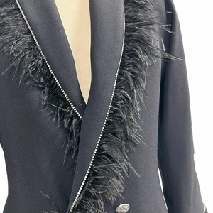Hand - Crafted Beadwork Feather - Embellished Double - Breasted Long - Length Blazer