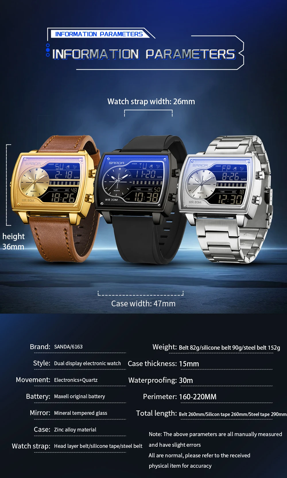 Sanda 6163 Multifunctional Luminous Waterproof Watch For Men