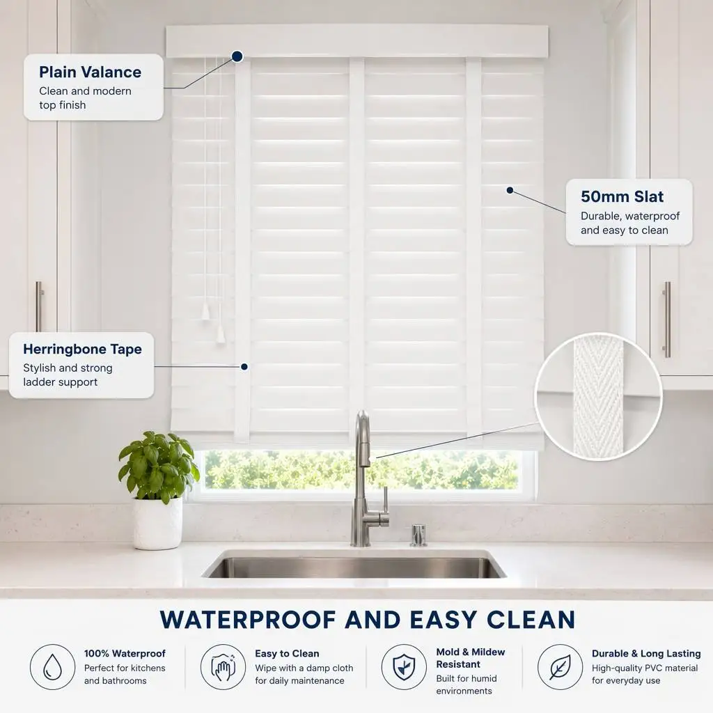 Tapparelle veneziane in PVC da 50 mm, colore bianco verniciato, con nastri a scala, facili da pulire, impermeabili e con blocco integrato dei raggi UV per cucina e bagno, su misura