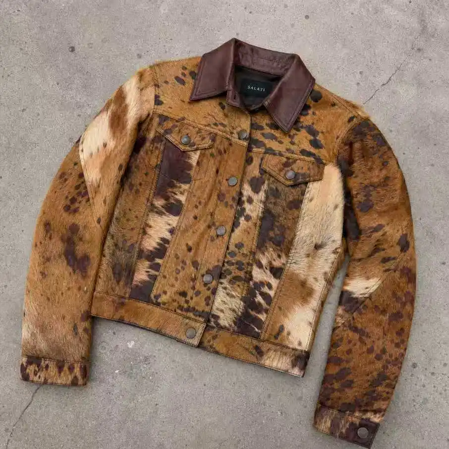 OEM Custom Brown Animal Print Faux Cowhide Cropped Trucker Contrast Collar Long Sleeve Casual Streetwear Men Leather Jacket gallery 4