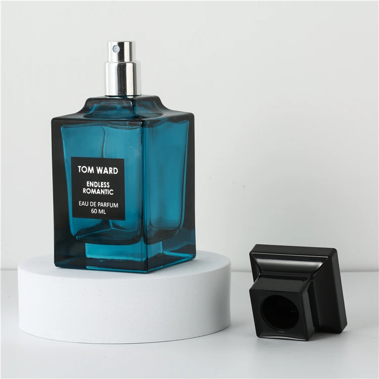 Wholesale luxury empty square glass spray bottle 60ml blue color mens perfume bottle