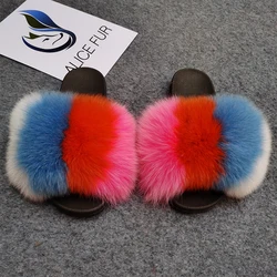 Дизайнерские оптом красочные коричневые пушистые меховые сланцы тапочки из натурального Лисьего меха для