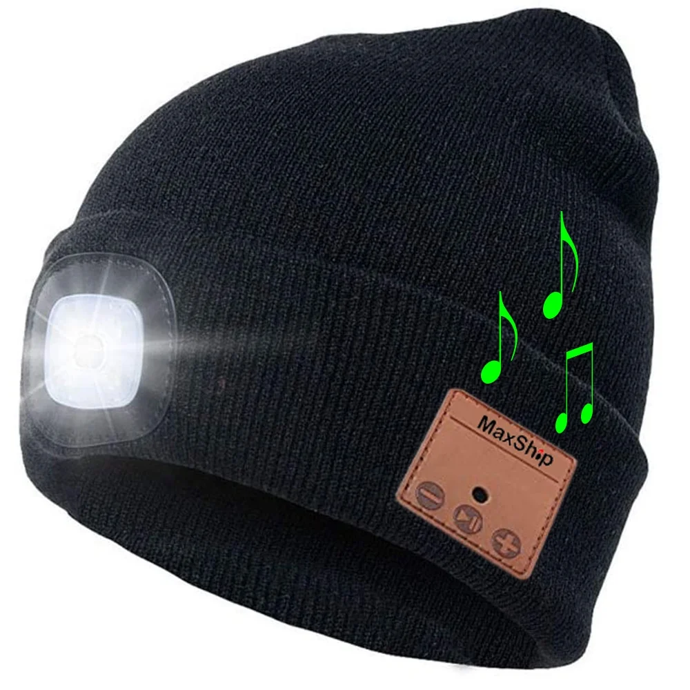 Bluetooth Beanie Music Hat With Light Unisex USB Rechargeable LED  Headlamp Cap With Headphones