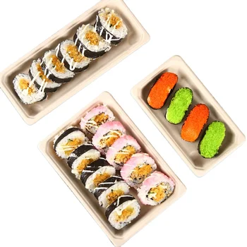 Compostable Sugarcane Bagasse sushi box with transparent anti-fog PET lid bagasse sushi tray with lid for take away packaging
