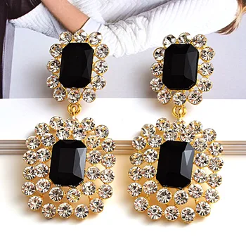 Fashion Jewelry Vintage Luxury Big Black Quartz Diamond Crystal Glass Stone Bling Silver Square Earrings for Women 2021