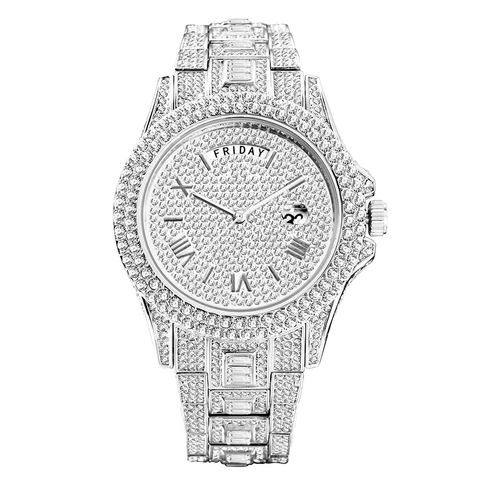 Luxury MISSFOX V320A Ice Out Diamond Watch Multifunction Adjust Calendar Quartz Watches for Men