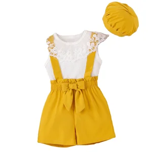 2023 Summer Girls Lovely Clothes Sets Sleeveless Lace Collar Ribbed Vest Tops+Bowknot Suspenders Shorts+Hats Kids Clothing Suit