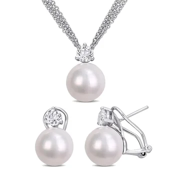 Wholesale 925 Sterling Silver Cultured Freshwater Pearl With White Topaz Jewelry Set