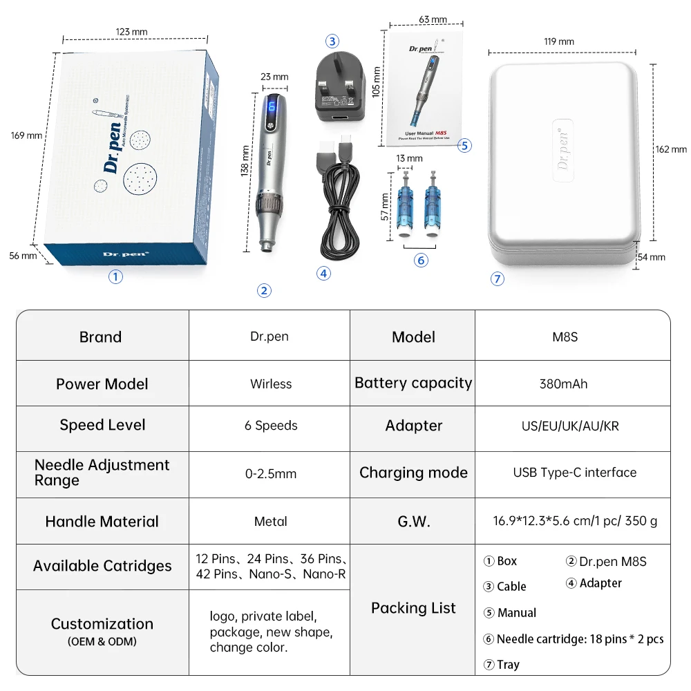 Professional Cordless Microneedling Pen Dr.pen with 2 Replacement Cartridges Home Use Beauty Equipment