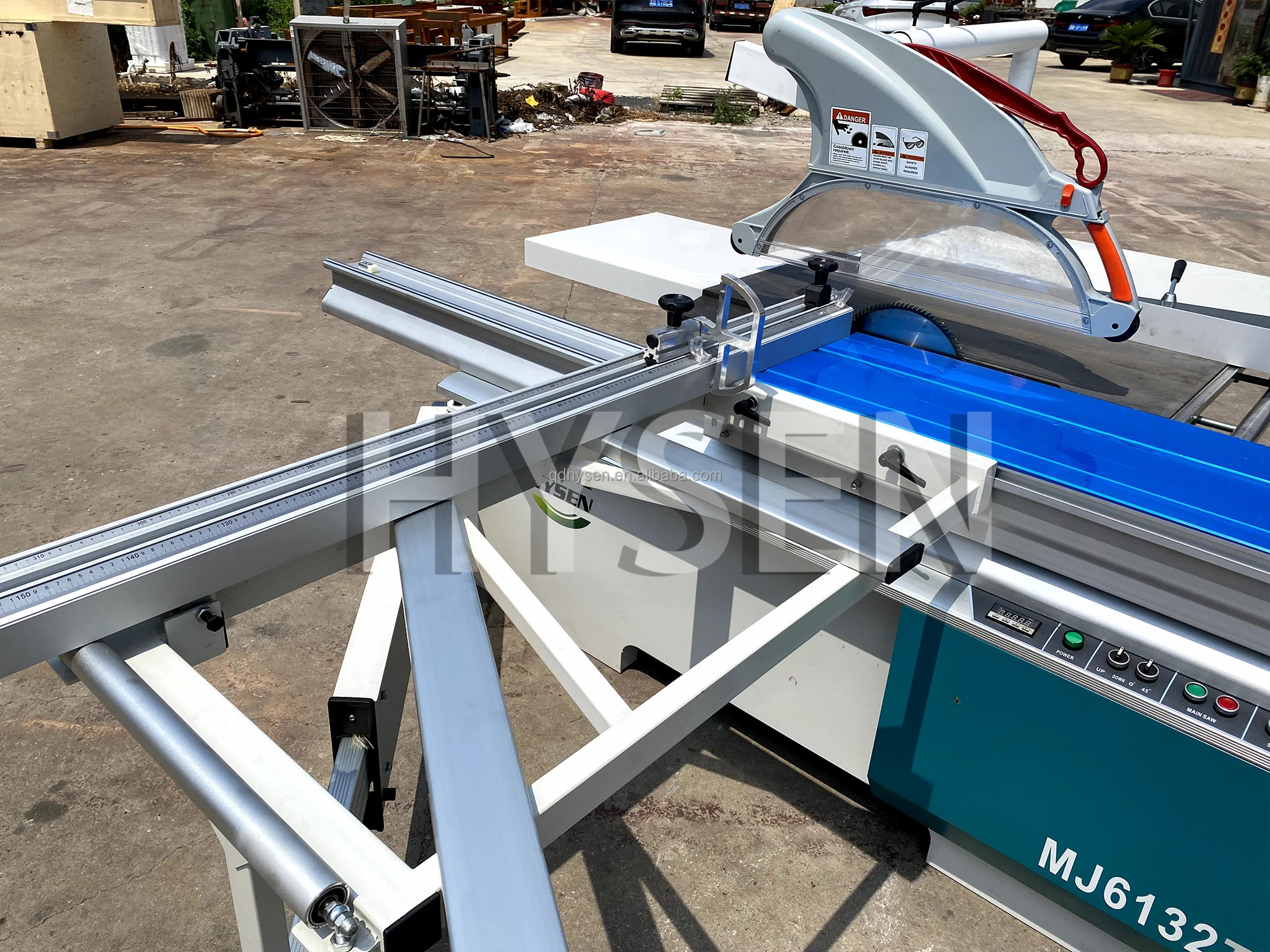 HYSEN傾斜丸鋸木工丸鋸機、木材切断用スライドテーブル付き