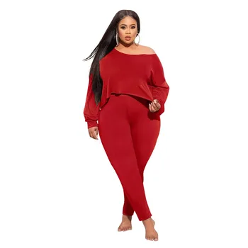 Fashion Casual Slash Neck Long Sleeve Irregular Short Top Pencil Pants Fall 5Xl Plus Size 2 Piece Set Women