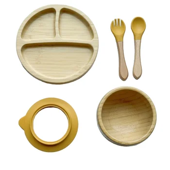 Eco friendly Easy to clean With strong suction cup Three grid divided baby bamboo plates bowl spoon fork bowls set tableware
