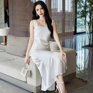 White Square Collar Sleeveless Floor-Length Solid Digital Printing Summer Slip Satin Natural Waist Casual Career Dress