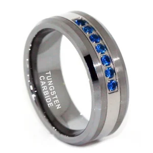 Coolstyle Jewelry 8mm Tungsten Ring for Men Women Engagement Promise Wedding Band Blue Cubic Zircon Stone Inlay Comfort Fit