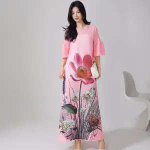 2025 New Women's Pleated Maxi Dress V-Neck Bell Sleeve Lotus Floral Print Elegant Casual Party Long Dress Plus Size