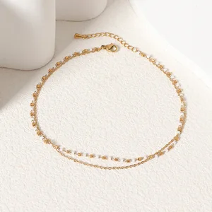 Fashion Women's Bohemian Summer Jewelry Anklet Beach Holiday Style Real 18K Gold IP Plated Stainless Steel Foot Chain Beads