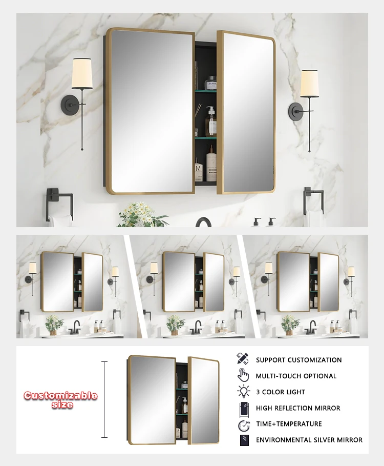 product good quality double door aluminum alloy mirror cabinet wall mounted framed medicine cabinet for bathroom use-4