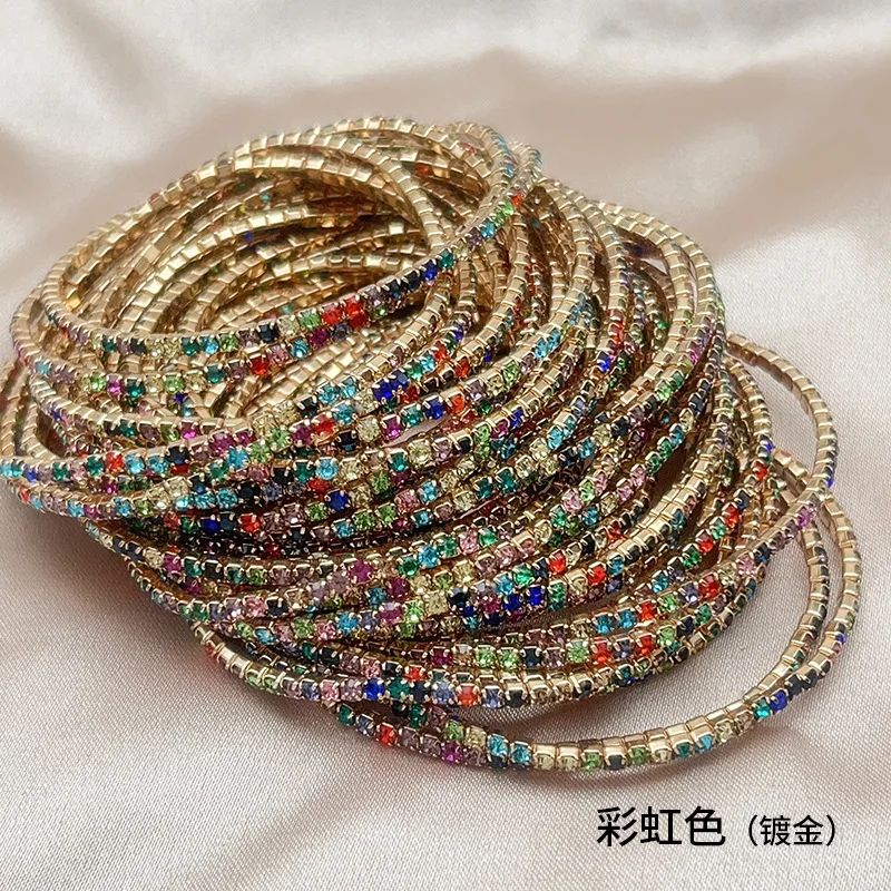 Cheap 34 Multi Color 18k Gold Plated Shine CZ Crystal Tennis Bracelet Elastic 2mm Thin Stretch Rhinestone Bracelet
