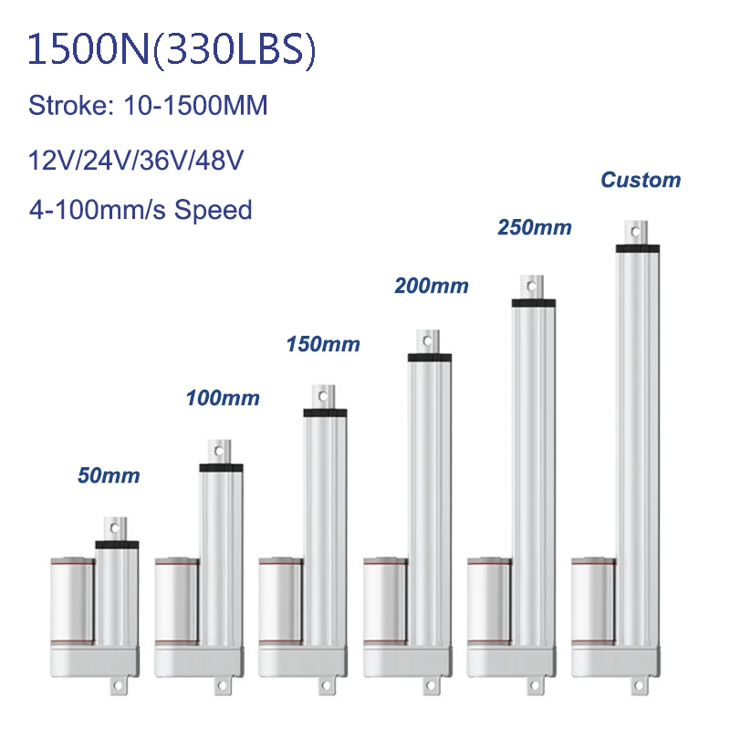 12V 24V DC Push on Rod Motor 50mm 100mm 150mm 200mm 250mm 300mm 1000mm Stroke 1500N IP66 DC Waterproof Linear Actuator