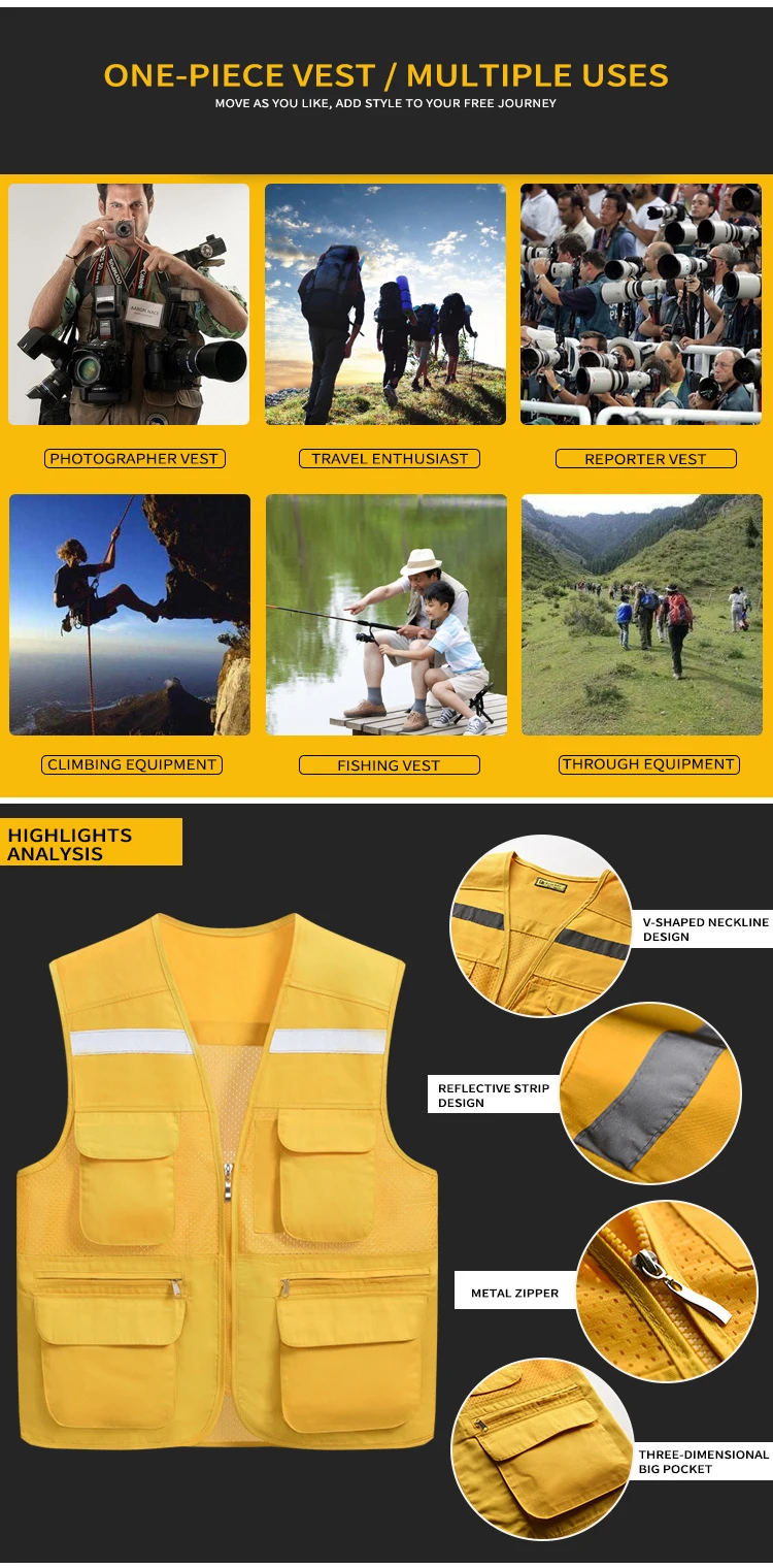 Customized printing logo photography vest Waistcoat for fishing reflective work wear multi pockets v