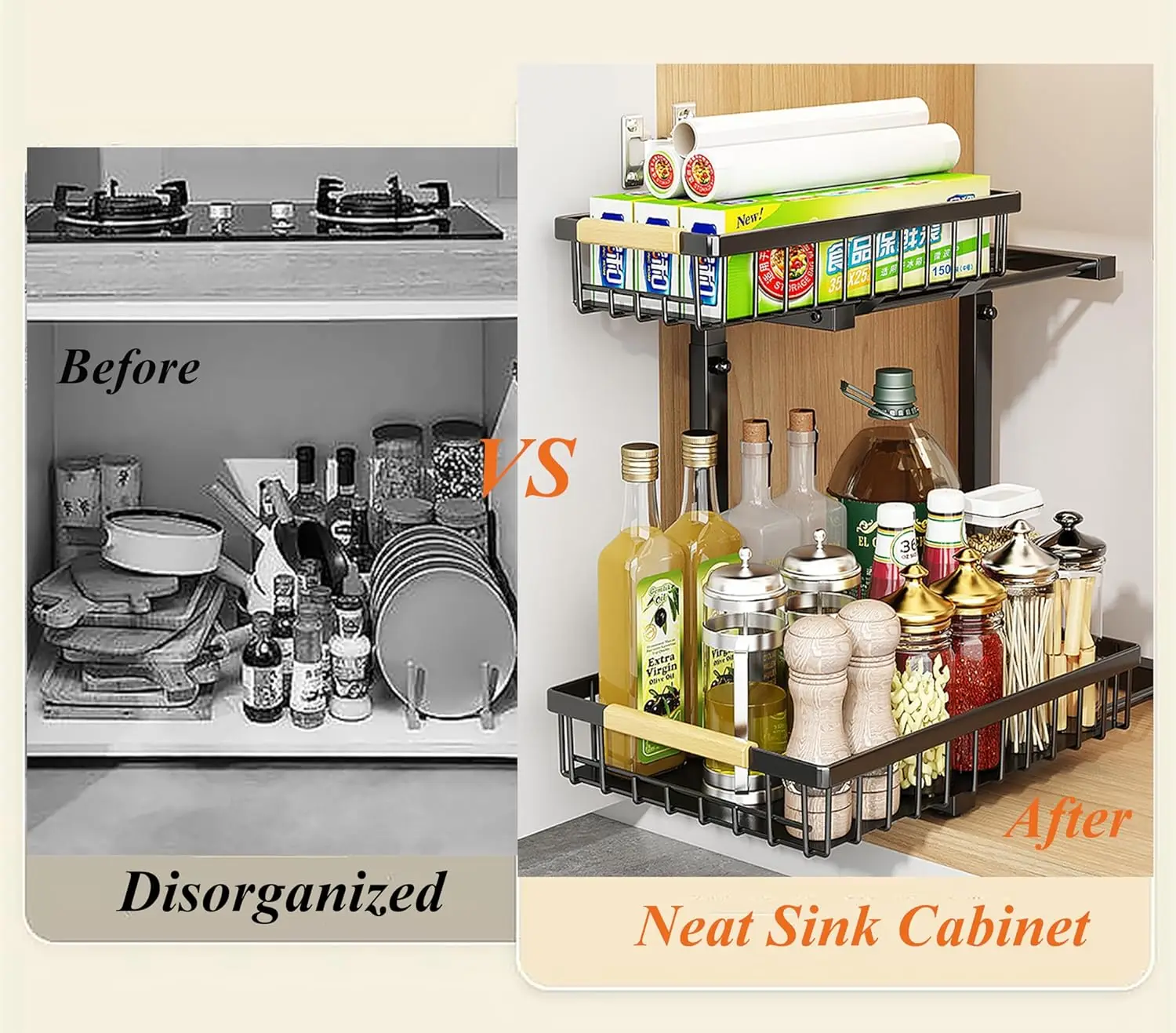 Under-sink Organiser, 2 Level Pull-out Design, Height Adjustable to Suit Items Required,storage for Both Kitchen and Bathroom