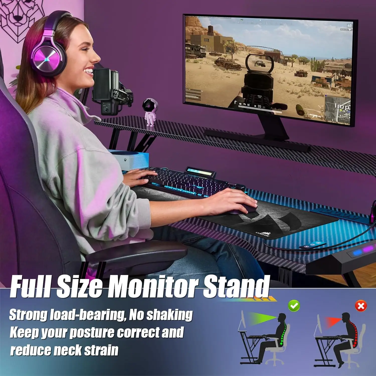 1.2/1.4/1.6M Ergonomic Computer PC Laptop LED Gamer Table Gaming Desk with LED RGB Atmosphere Lighting and Monitor Shelves