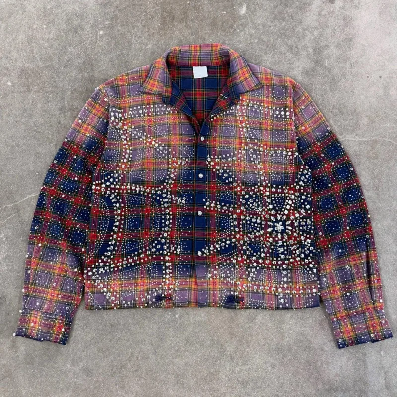 Vintage Plaid Button-Down Shirt Adorned with Sparkling Rhinestones & Eye-Catching Crystal Embellishments manufacture