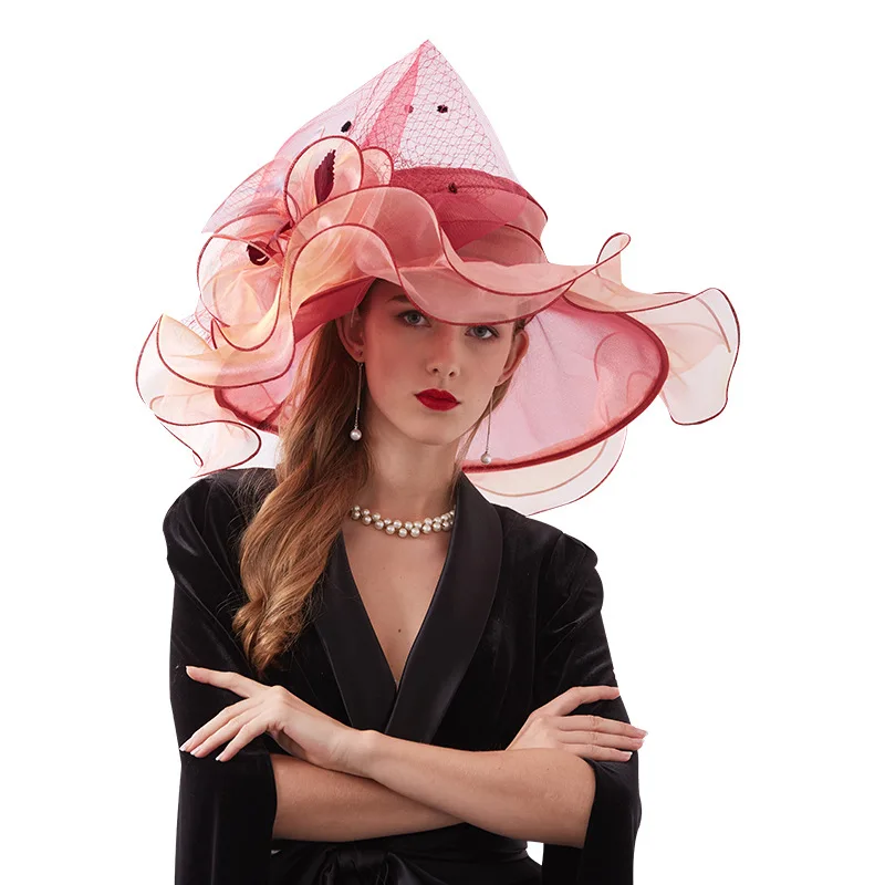 Pink and Black Ruffles Organza Packable Adjustable Dress Hat Bellady Womens Organza Church Hat,Cocktail Tea Party Hats  main image 3