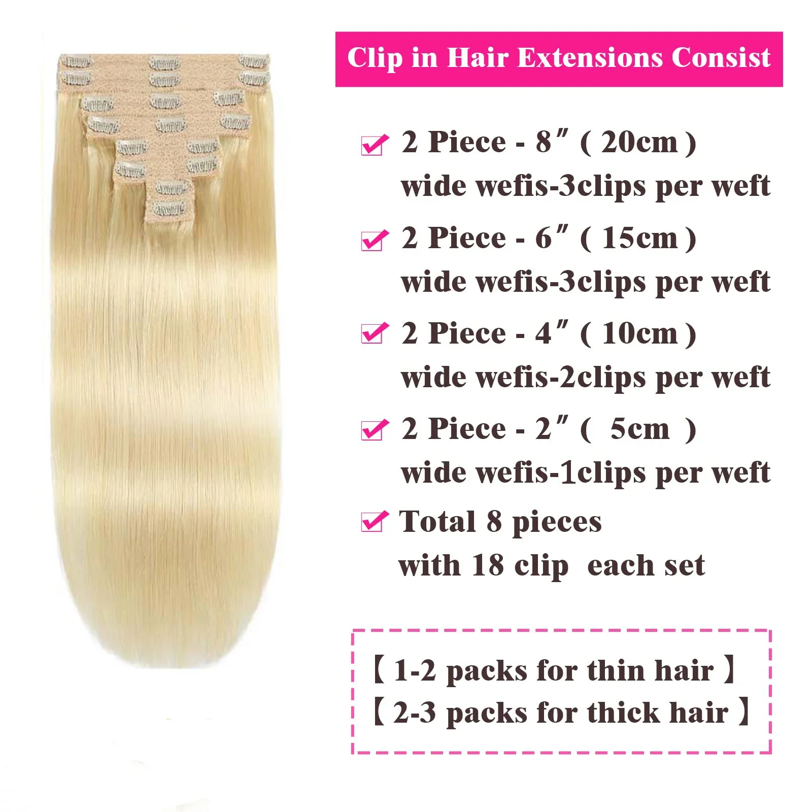 Extensions de cheveux humains à clipser blond décoloré Remy 100 % 8 pièces/ensemble pour femmes_voghion.com