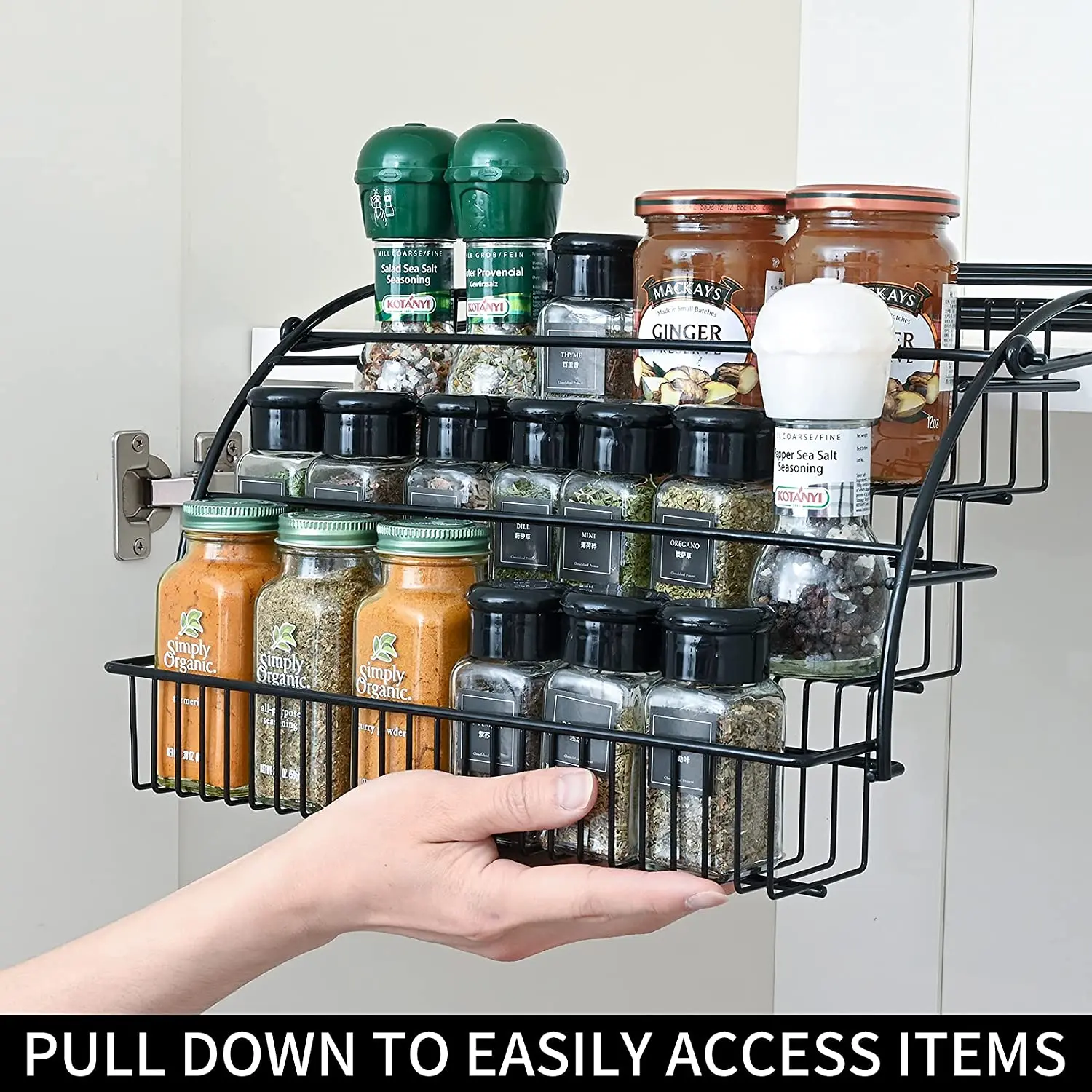 Pull Down Spice Racks Organizer, 3-Tier Retractable Metal Spice Organizer  for Cabinet, Pull Out Seasoning Organizer Spice Storage for Kitchen/Pantry,  Spice, Herbs- Black 