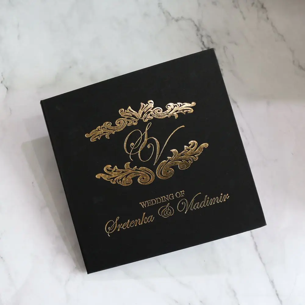 Chic Paper Board Invitation Pocket Style Black Wedding Invitation Card With Gold Foil and Envelope