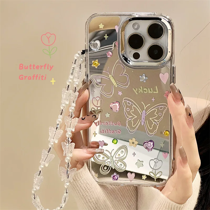 Hot selling bow love star moon pattern mirror phone case with pearl bracelet details