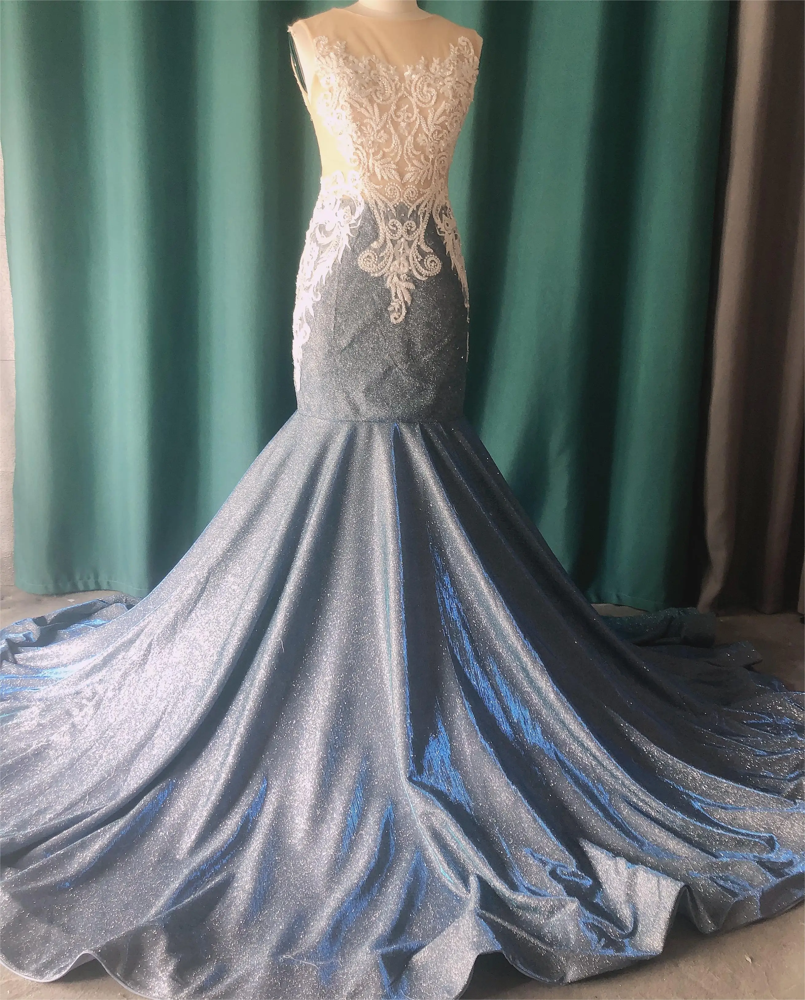 teal glitter prom dress Light Blue Iridescent Sequin Lace-Up Prom Dress with Slit – jkprom main image 1