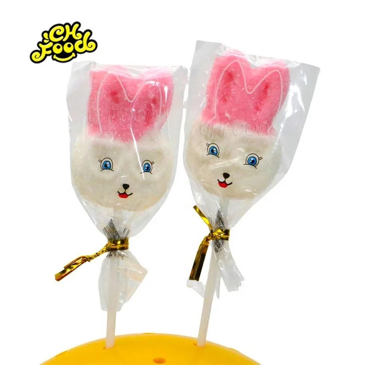 Custom Halal Fruit Flavor Pink Rabbit Animal Shape Gummy Soft Candy Sweets Lollipop for Kids