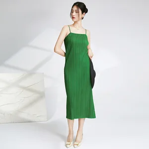 2025 Summer Suspenders Miyake Design Pleated Suspenders Dress Fashion Woman Casual Style Sleeveless Straight Dress